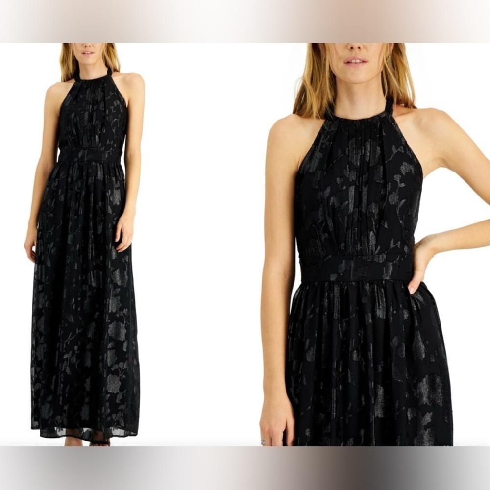 INC Black jacquard halter neck floral burnout maxi dress size 8.